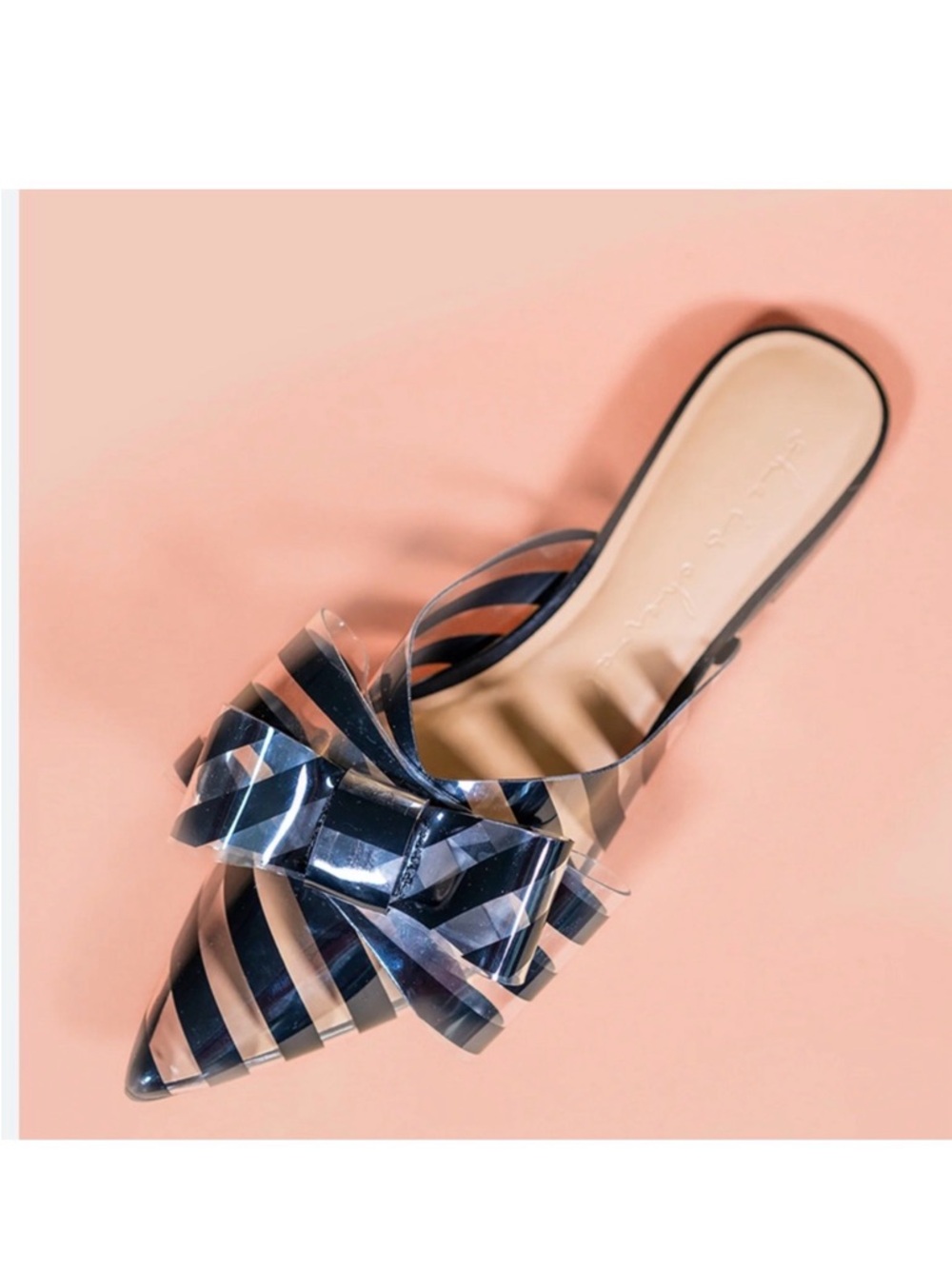 She Is Cheval Oh So Jelly translucent black stripe bow pointed toe mule slide 7